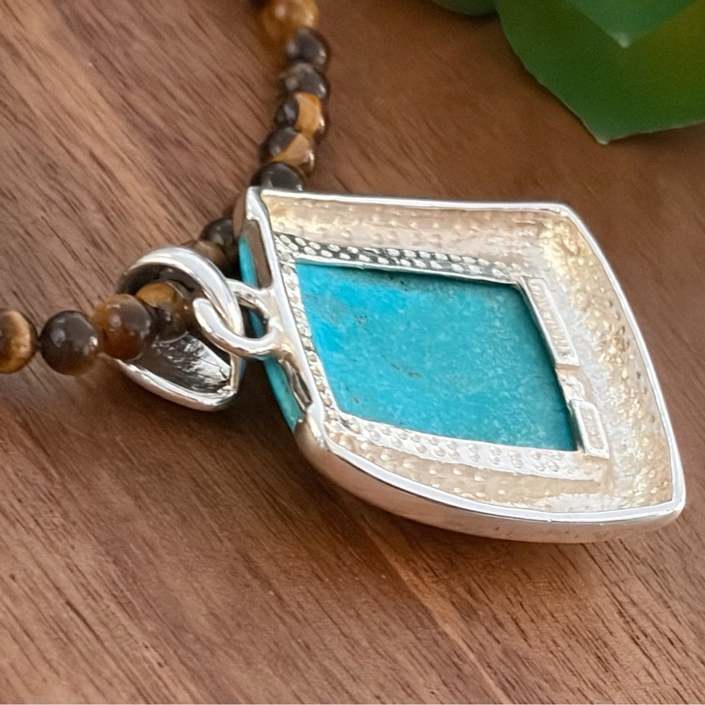 Vintage Sterling Silver 925 Turquoise Pendant Tiger’s Eye Necklace Southwest - Picture 11 of 13